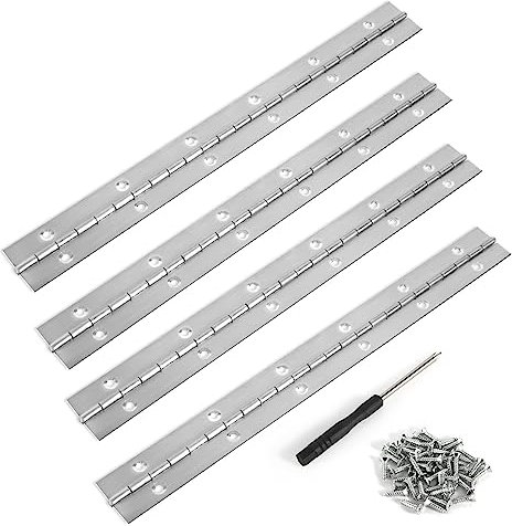 Piano Hinge 12 Inch, 4Pcs Continuous Stainless Steel Hinge with 48 Screws, Silver Heavy Duty Polished Piano Hinges with Holes Piano Hinges for Pianos Cabinet Doors Large Windows Boats