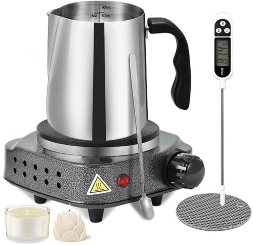 DIY Candle Making Kit, Melting Wax with Electric Hot Plate, with Thermometer, 900ml Stainless Steel Cup, with Heat-Resistant Handle and Long Stain Spoon, for Adults Beginners for DIY Candle Making