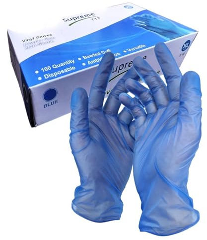 SUPREMETTF SUPREMELY TOUGH Dispoable Blue Vinyl Gloves Powder Free Latex Free Medical graded Premium Quality Gloves Food Graded Gloves 100 Gloves (Blue, XL)