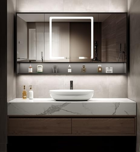 36 Bathroom Vanities Set, Floating Bath Vanity with Sink, Modern Bathroom Vanity Includes Rectangle Defog Mirror with Light, Single Sink Countertop Wash Basin, Waterproof Cabinet (Dark Walnut)