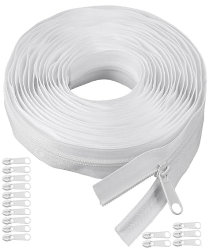 Yuannee Fermeture à Glissière Sans Fin,5 M Fermeture Éclair Avec 15 Curseurs Fermetures Éclair au Mètre Blanc Fermetures Eclair en Nylon Sans Fin pour Vêtements Sac Pochette Linge de Maison
