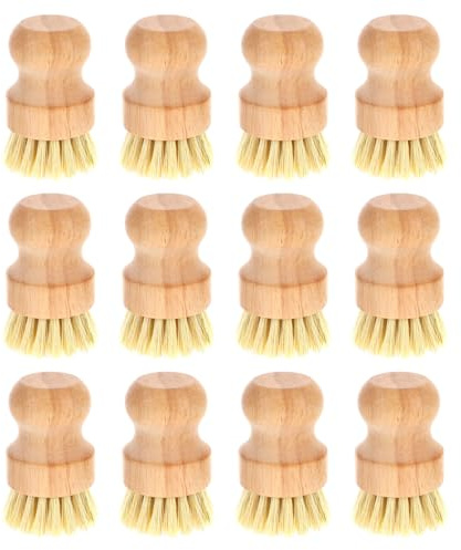12 Packs Bamboo Dish Scrub Brushes Wooden Scrubbers Set Kitchen Dishwashing Scrubber with Natural Sisal Bristles for Iron Pot Pan Sink