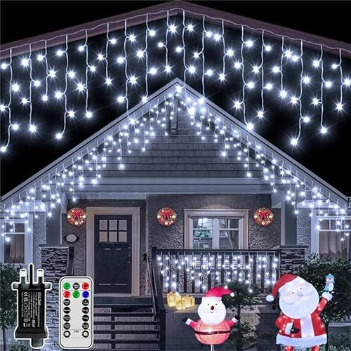 Hopexy Icicle Outdoor Christmas Lights, 216 LEDs 7.3m Waterproof Connectable Outside Fairy Light Mains Powered, Cool White Hanging String Light Plug in, for House Roof Porch Gutter Xmas Decorations
