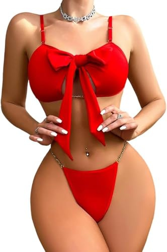 HOTSO Ensemble de Babydoll Lingerie 2 Pièces pour Femme Sexy Maille Transparente Soutien-Gorge à Nœud Push Up avec Taille Haute String à Chaîne Teddy Body Lace Satin Front Bowknot Pyjamas