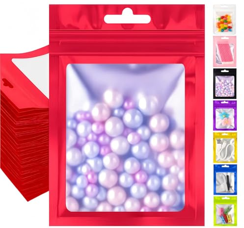 Plaphy 100 Sacchetti Mylar in Alluminio con Finestra e Zip (Rosso,8x13cm) | Buste Mylar Ermetiche per Alimenti, Bustine con Foro di Sospensione per Confezionamento, Conservazione,Vendita al Dettaglio
