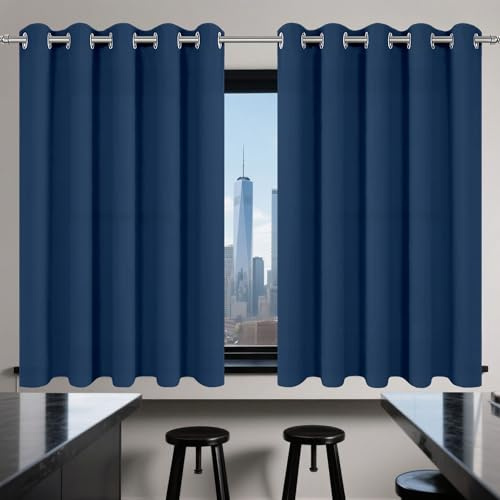 Rideaux Occultant 170 x 110 cm Polyester, 100% Bloquer Lumière Lin Rideau Thermique Isolant Design Moderne à Oeillets pour Porte Fenetre Salon Chambre, Bleu Foncé