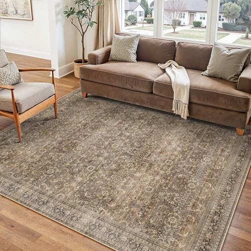 PureCozy Waschbarer Braun Teppich Wohnzimmer 120x170cm Vintage Tepich | Kurzflor Rutschfest,Weich Boho Retro Carpet,Leicht,Schlafzimmer,Esszimmer,Kinderzimmer,Büro