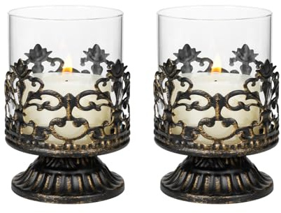 Staymoment Kerzenständer Schwarz Deko Gothic, 2er Set Vintage Windlichter | Kerzenhalter aus Metall und Glas, Landhausstil, Barock Dekoration, Deko für Wohnzimmer, Fensterdeko, Windlichter Halloween
