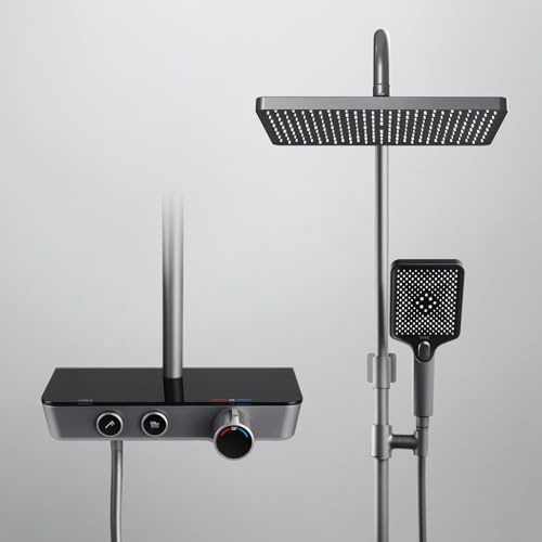 EMKE Duschsystem mit Thermostat Anthrazit Matt, Regendusche (300 x 200 mm) mit Armatur, Duschset Handbrause mit 3 Strahlarten, Duschgarnitur mit glasablage, Duscharmatur Komplettset, Brauseset