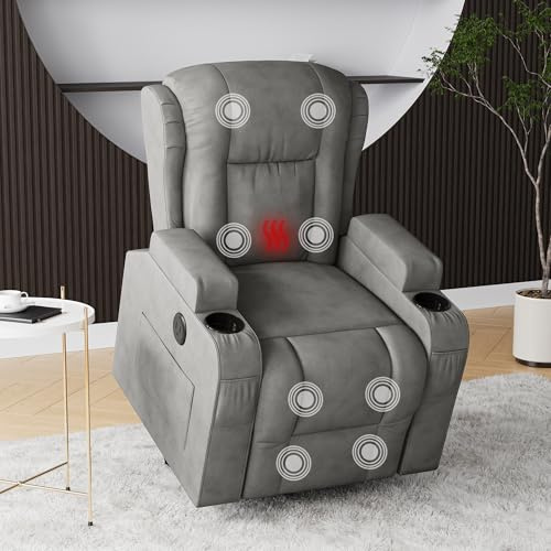 belupai Poltrona reclinabile, poltrona massaggiante elettrica con funzione massaggio e calore, sedia TV con portabicchieri e tasca laterale, per soggiorno, camera da letto, grigio