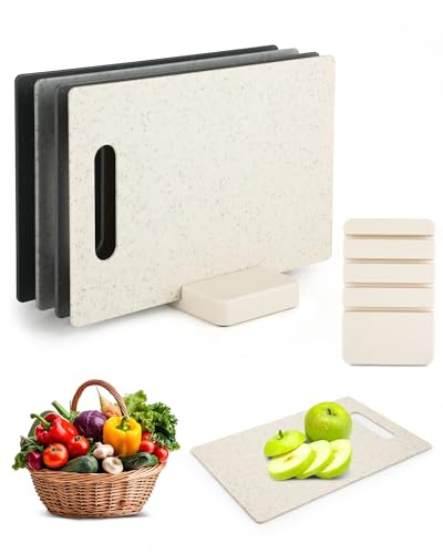 Juego de 4 Tablas de Cortar de Plástico – Tablas de cocina de doble cara con soporte práctico, tabla cortar cocina resistente y set de desayuno 28 × 18,5 cm, ahorra espacio y fácil de limpiar