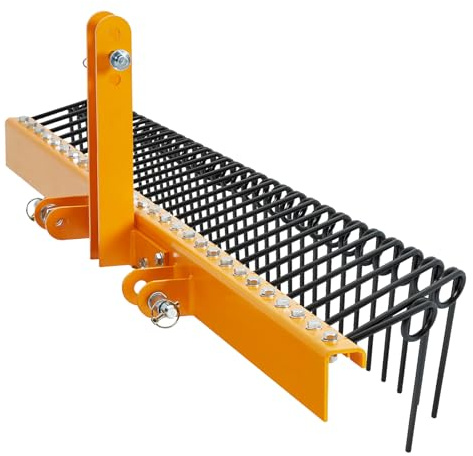 RBFGYIOP Rastrello professionale per aghi di pino 183 cm - 30 denti a molla in acciaio rivestito - Trainabile con attacco a 3 punti per trattori Cat 0/1 - Ideale per foglie, erba e paglia - Giallo