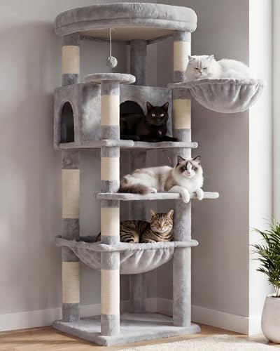 Heybly 135cm Corner Cat Tree for Large Cats – Interactive Play HCT029W | Sturdy Cat Tower with Cozy Cat Condo, Fan-Shaped Top Perch, Basket, Hammock & Solid Base, Light Gray