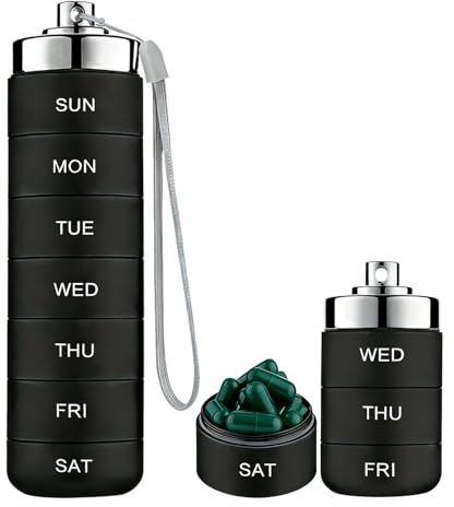 Metal Travel Pill Organizer, Tablettenbox 7 Tage aus Aluminium, Pillendose,Wasserdicht & Staubdicht Medikamentendosierer Metall, Vitamine, Fischöl, täglicher pillenbox für Reisen und Zuhause