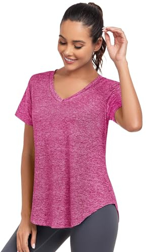 Sport Shirt für Damen, V-Ausschnitt Locker Fitness Oberteile Frauen, Laufshirt mit Seitenschlitz funktions Top für Yoga Workout Jogging Gym