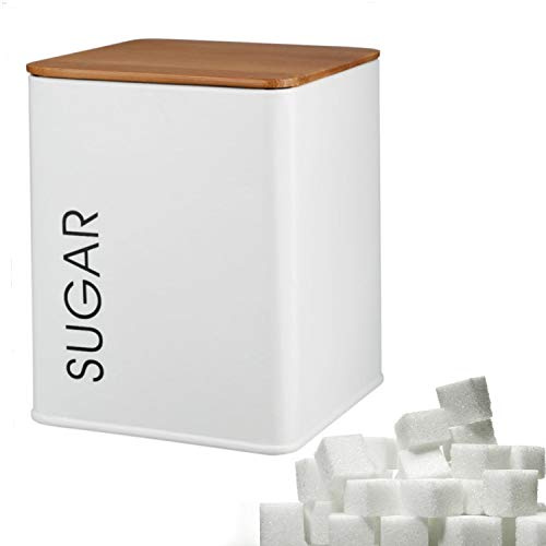 Kerafactum Sucrier avec couvercle | Boîte pour thé en vrac, café, sucre | Style rétro vintage | Boîtes de conservation en métal blanc | Couvercle en bambou et silicone