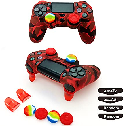 Silicone Skin Cover for Ps4 Controller (1pc Anti-Slip Case, 1 Pair L2 R2 Trigger Extender, 4pcs Thumb Grips,4pcs LED Light Bar Decal) Protector for DualShock PS4/ Slim/Pro Controller (Red Camouflage)