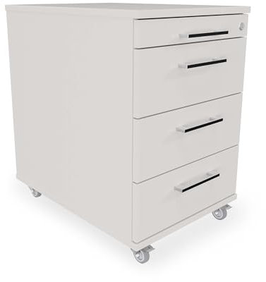 Rollcontainer 3 Schubladen + Materialauszug H 65 x B 43 x T 60 cm | Bürocontainer aus Holzwerkstoff in Lichtgrau | Schreibtischwagen abschließbar | Schubladenschrank aus hauseigener Fertigung