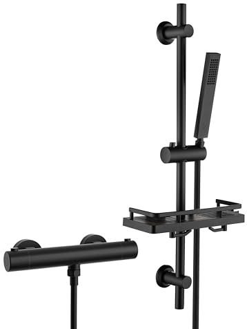 JOHO Termostatico Nero Colonna Doccia con Tubinetto Termostatico Doccia, Set Asta per Doccia con Mensola, Termostato Miscelatore Doccia + Barra Doccia in Acciaio inox 70 cm con Doccetta e Tubo