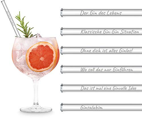 HALM Glas Strohhalme Gin Sprüche | Gin des Lebens Edition | 6x 20cm mit gravierten Gin Gläser Sprüchen | Glasstrohalme Gin Geschenkset für Gin Tonic Gläser | Trinkhalme Glas Geschenk