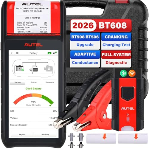 Autel MaxiBAS BT608 (E) Testeur Batterie Voiture, 2026 Up of BT508/ BT506, Conductance Adaptative (Valeur 1000+), Test Charge Démarrage comme BT609, Réinitialisation Batterie, Systèmes Complets MK808S