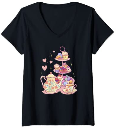 Womens Etagere With Sweets Tea Sweet Baking Dessert Food Cupcakes V-Neck T-Shirt