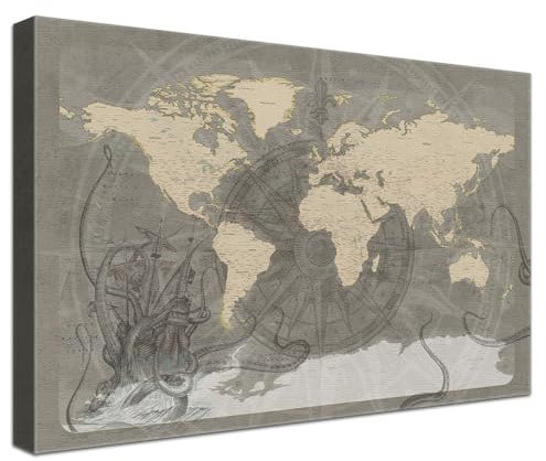 Stilvolle Pinnwand Weltkarte - Black Beard - Englisch in 100 x 70 cm, stabile Rückwand zum Pinnen inkl. Starterkit - Leinwand-Kunstdruck Wandbild Landkarte XXL