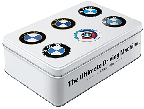 Nostalgic-Art Contenitori in latta retrò piatti, 2,5 l, Official License Product (OLP), BMW – Logo Evolution – Idee regalo per amanti BMW, scatola con coperchio, design vintage