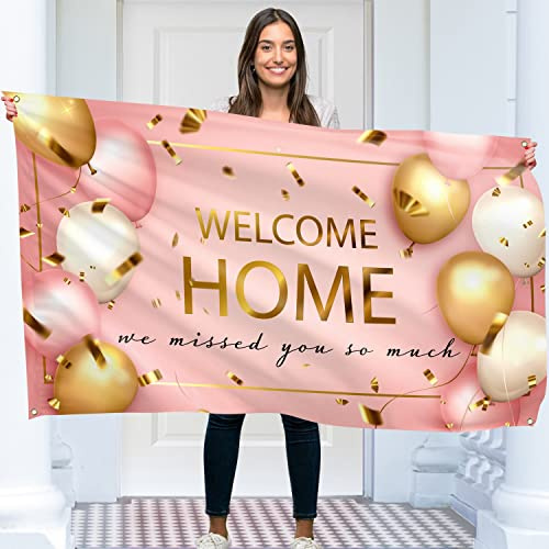Willkommen Zuhause Banner 150 x 90 cm - Herzlich Girlande - Zurück Deko - Lebendiger Digitaldruck - 110 Den Polyester - Doppelnaht (Roségold)