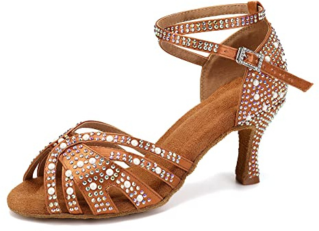 TINRYMX Scarpe da Ballo Latino Donna Strass Tango Salsa Prestazioni Professionale Scarpe da Ballo,Marrone-7.5CM,40 EU