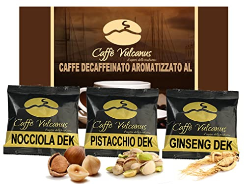Caffè Vulcanus - Kit de dégustation 60 dosettes compostables ESE44 de café aromatisé décaféiné - Dégustation de café au ginseng, noisette et pistache