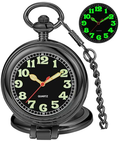 Tiong Black Transparent Cover Men's Quartz Pocket Watch Luminous Dial Stainless Steel Pocket Watches Gift with Chain & Gifts Box