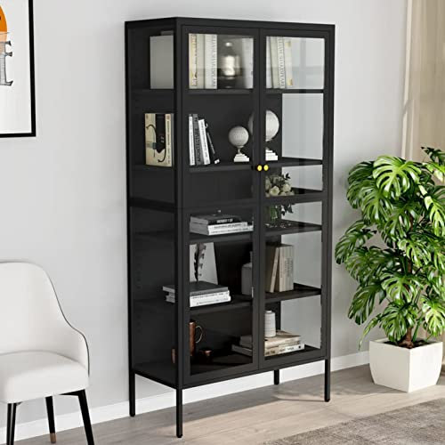 GuyAna Vitrine Anthrazit 90x40x180 cm Stahl und Gehärtetes Glas Vitrinenschrank HäNgevitrine Wohnzimmerschrank VitrinenschräNke Wohnzimmer Vitrine