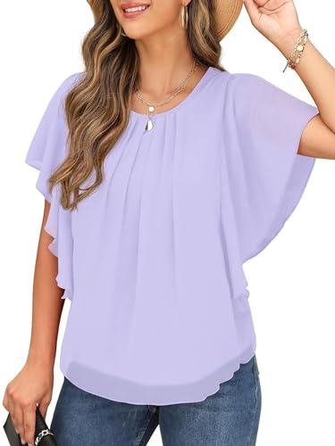QIXING Chiffon Kurzarm Bluse Damen Sommor Top Damen Elegant Rundhals-Ausschnitt Batwing Sleeve T Shirt Fledermausärmel Tunika (Hellviolett, XL)