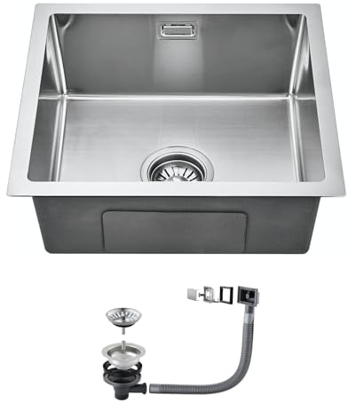 OUGOO Handmade 304 Stainless Steel Kitchen Sink, 50x45cm (Inner 45x40cm) Single Bowl Sink with Darin Waste Kit (Trap NOT Included), Under/Top/Flush-Mount, No Tap Deck, Brushed