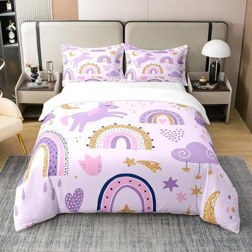 100% Bio Baumwolle Girly Regenbogen Einhorn Bettbezug Lila Wolke Regenbogen Bettwäsche Set 200x200,Nette Verträumte Pferd Tröster Abdeckung Cartoon Tier Bettwäsche Abdeckung mit 2 Kissenbezüge Leicht