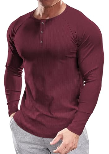 Muscle Cmdr Henley kortärmade t-shirts för män casual 3 knappslå, kortärmad och långärmad tröja regualar fit snygg långärmad, a-röd, L