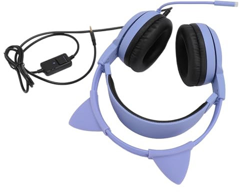 Cat Ears Over Ear Headphone, Noise Reduction Lightweight Stereo Inline Control Plug and Play Gaming Headset 3.5mm Plug for Game Console for Girls (Purple)