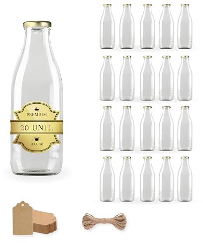 20 bottiglie di vetro vuote, 1000 ml, con coperchio, filo di iuta e etichette kraft, bottiglie di vetro per succhi, latte, barbecue, salse, ideali per picnic, matrimoni e feste