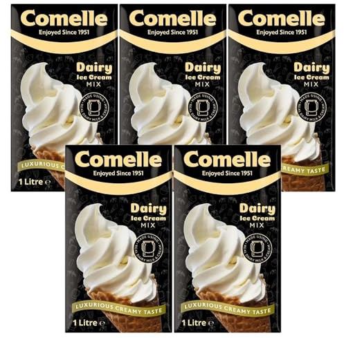 Comelle Real Dairy Ice Cream Mix Creamy Soft Serve 1L Pack of 5 Instant Ready to Freeze UHT Long Life Cream Skimmed Milk Sundea Mouse Dessert with Welari Thank You Card | (5pack) (5L)