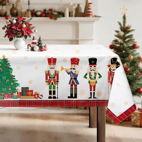 Arquiel Mantel Navidad Cascanueces Rojo, Impermeable Antimanchas Poliéster Lavable para Fiesta, Vacaciones, Decoración del Hogar De Invierno (152 X 213 Cm)