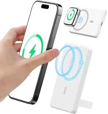 Auskang Batterie Externe Magnétique 5000mAh, Chargeur Portable à Chargement Rapide sans Fil, Power Bank Slim avec Support Pliable, Mini Pack de Batterie Compatible avec iPhone 14/15/16 (Blanc)