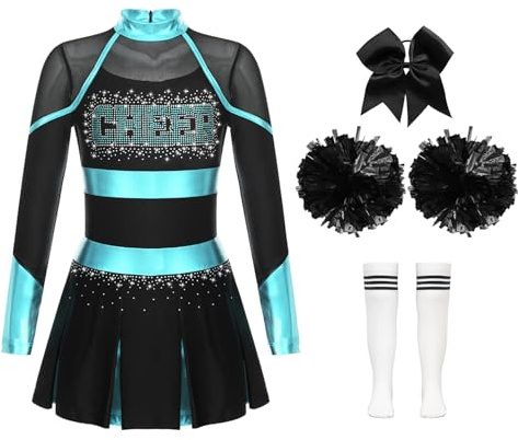 Yruioon 4Pcs Mädchen Cheer Leader Kostüm Langarm Cheerleading Kleid mit Pompoms Socken Haarband Glitzer Tanzkleid Halloween Karneval Fasching Kostüm