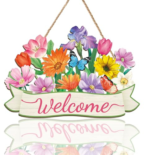 CHDITB Frühling Willkommen Schild,Welcome Türdeko Außen,Blumen Schmetterling Willkommensschild,Frühling Türdeko,Wanddeko für Zuhause Wandkranz Veranda Haustür Ganzjährig Türschild