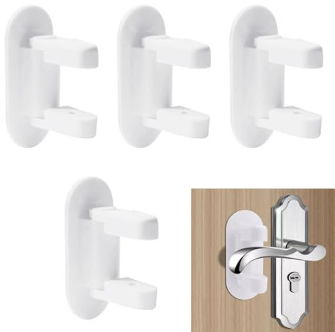 4 Pack Door Lever Safety Locks, Safety Door Handle Lock for Child, No Drill Self-Adhesive Door Handle Locks for Child-Proof & Pet-Proof for Bedroom Kitchen, White