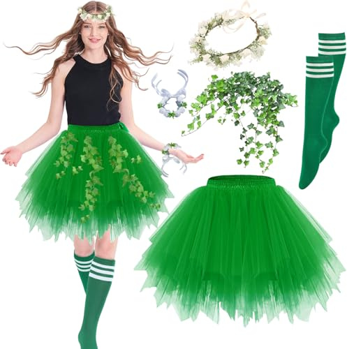 YeahBoom Disfraz de Hada de los bosques,Falda de tul verde,Guirnalda de flores,Guirnalda de hiedra artificial,Disfraz de hada verde,Falda de tul elástica, para Halloween, fiesta de cosplay temática