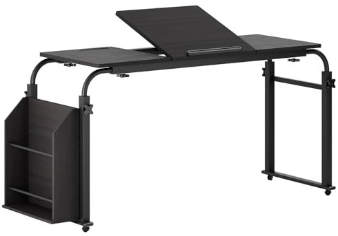 qorkhogr Betttisch mit Rollen, 80/120 cm breit, Schreibtisch-Überbetttisch, verstellbare Neigung, Sofa, Betttisch, Laptoptisch für Bett, verstellbare Höhe und Länge, Bücherregal, Schwarz, 80 cm