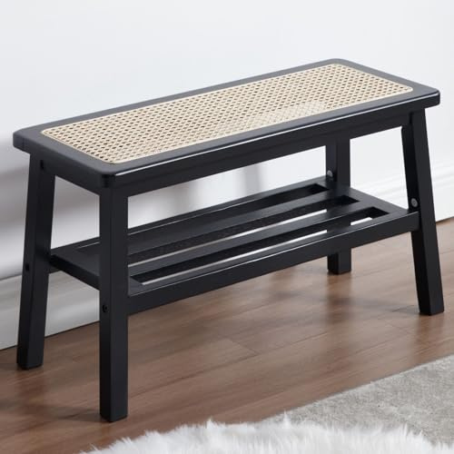 Ya-Home Rattan Dining Bench with Solid Wood Legs, Modern Entryway Ottoman Storage Shoe Bench for Entryway/Hallway, Black