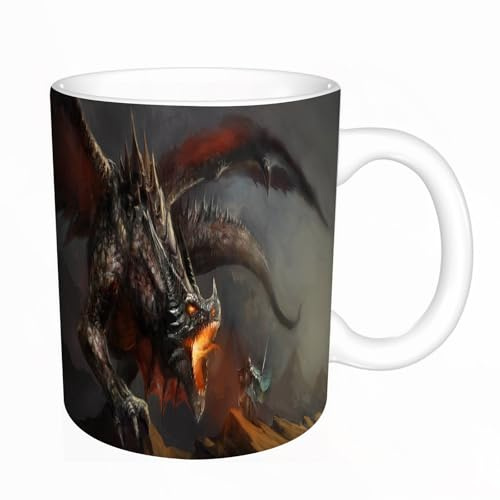 YFHJV Grosse Kaffeetasse - Bürotasse - Tasse Keramik Kaffeetassen Große 11oz - teetasse groß - cappuccino tassen - Mittelalter, Fantasy-Szene Furchtloser Ritter im Kampf gegen Drachen Mythologie Kuns