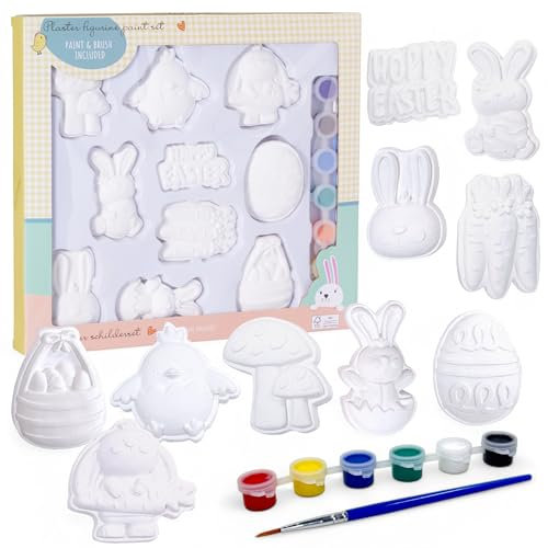 MIJOMA DIY Oster-Set: 10 Osterfiguren aus Gips zum Bemalen, inkl. 6 Farben & Pinsel, Kreatives Osterschmuck Bastelset für Kinder & Erwachsene (Küken & Hasen)